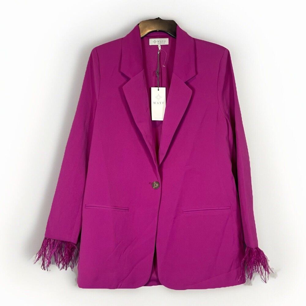 NWT‎ WAYF Women Romee Feather Trim Sleeve One Button Blazer Jacket Size S Pink